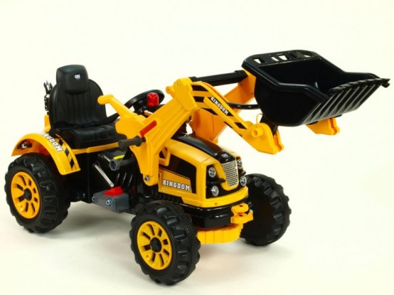 Dětský elektrický traktor Kingdom s ovladatelnou lžící, žlutý
